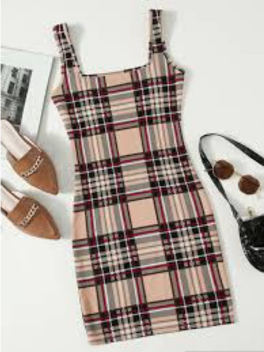 SHEIN Plaid Square-Neck Bodycon Dress